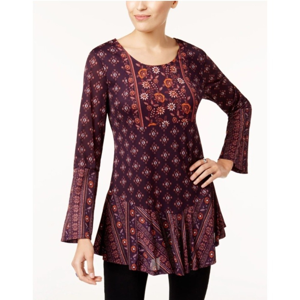 Style & Co Boho Floral Peplum Tunic Top Women's XL Purple Red Long Sleeve Blouse